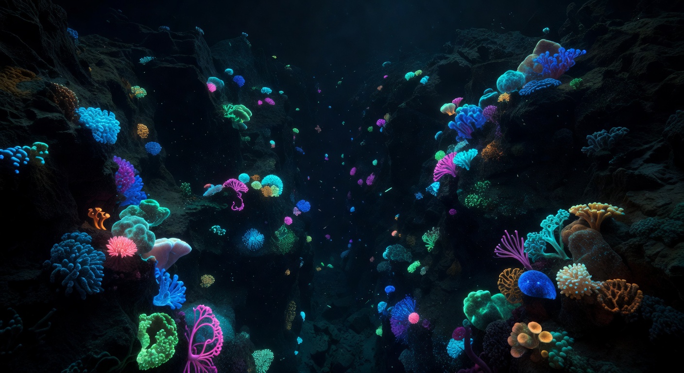 Stylized vintage illustration of a deep sea trench with marine coral