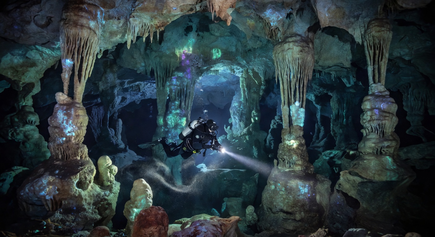 Stylized retro print of a scuba diver exploring an underwater cave system